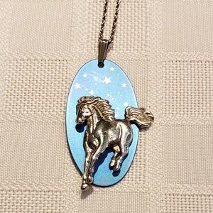 Silver running horse on starry background necklace
